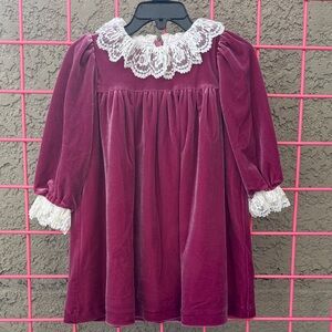 Adorable Patachou Magenta Velvet Dress with Cream Pleated Lace Details